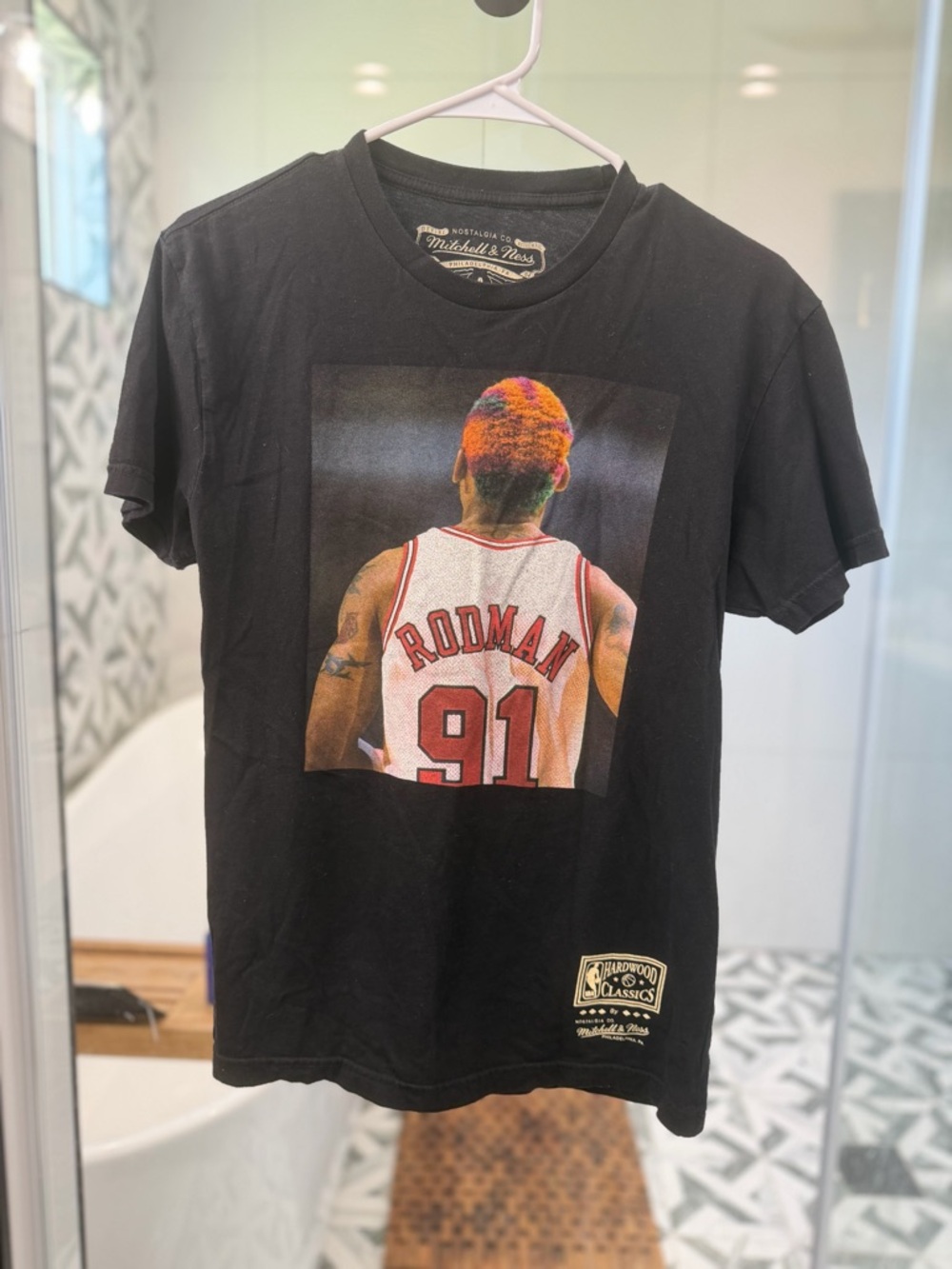Mitchell & Ness Black Rodman 91 Graphic Tee with Multicolor Hair Print